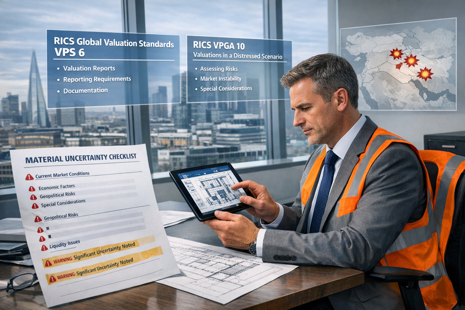 () editorial illustration showing UK property surveyor in professional attire examining commercial building blueprints on