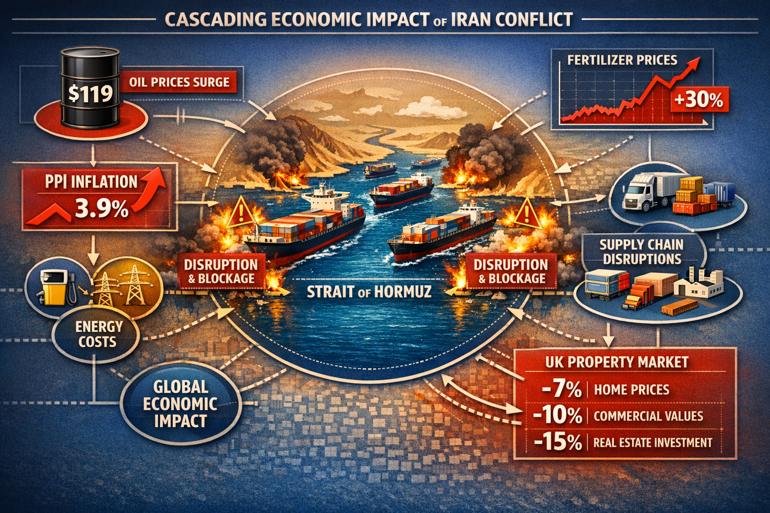 () detailed infographic visualization showing cascading economic impact chain from Iran conflict. Central element features