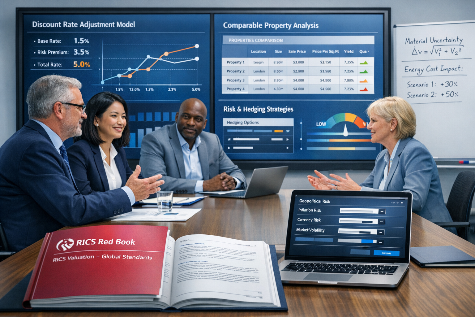 () professional scene showing diverse group of UK chartered surveyors in modern conference room conducting valuation
