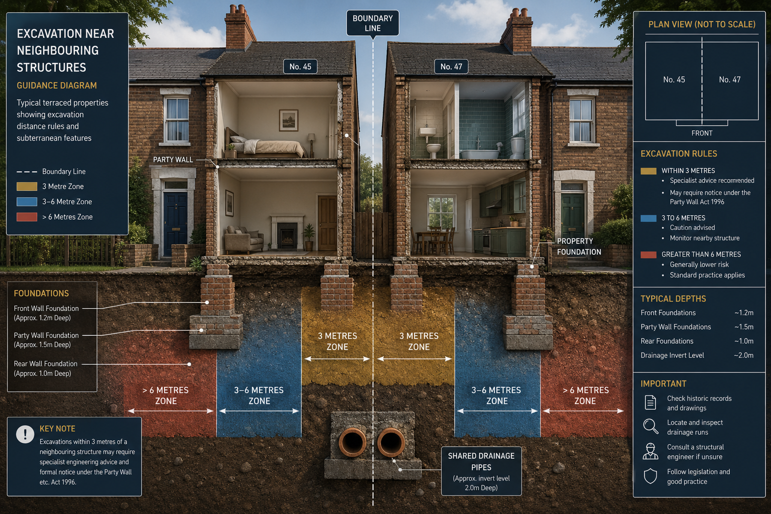 Detailed () infographic-style illustration showing a cutaway side-view of two adjoining terraced houses with underground