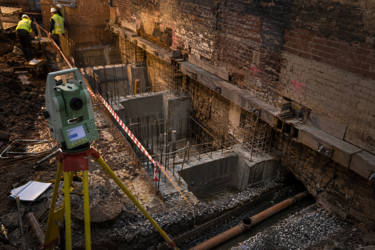 () close-up aerial perspective of an active urban construction site showing underpinning works in progress: exposed concrete