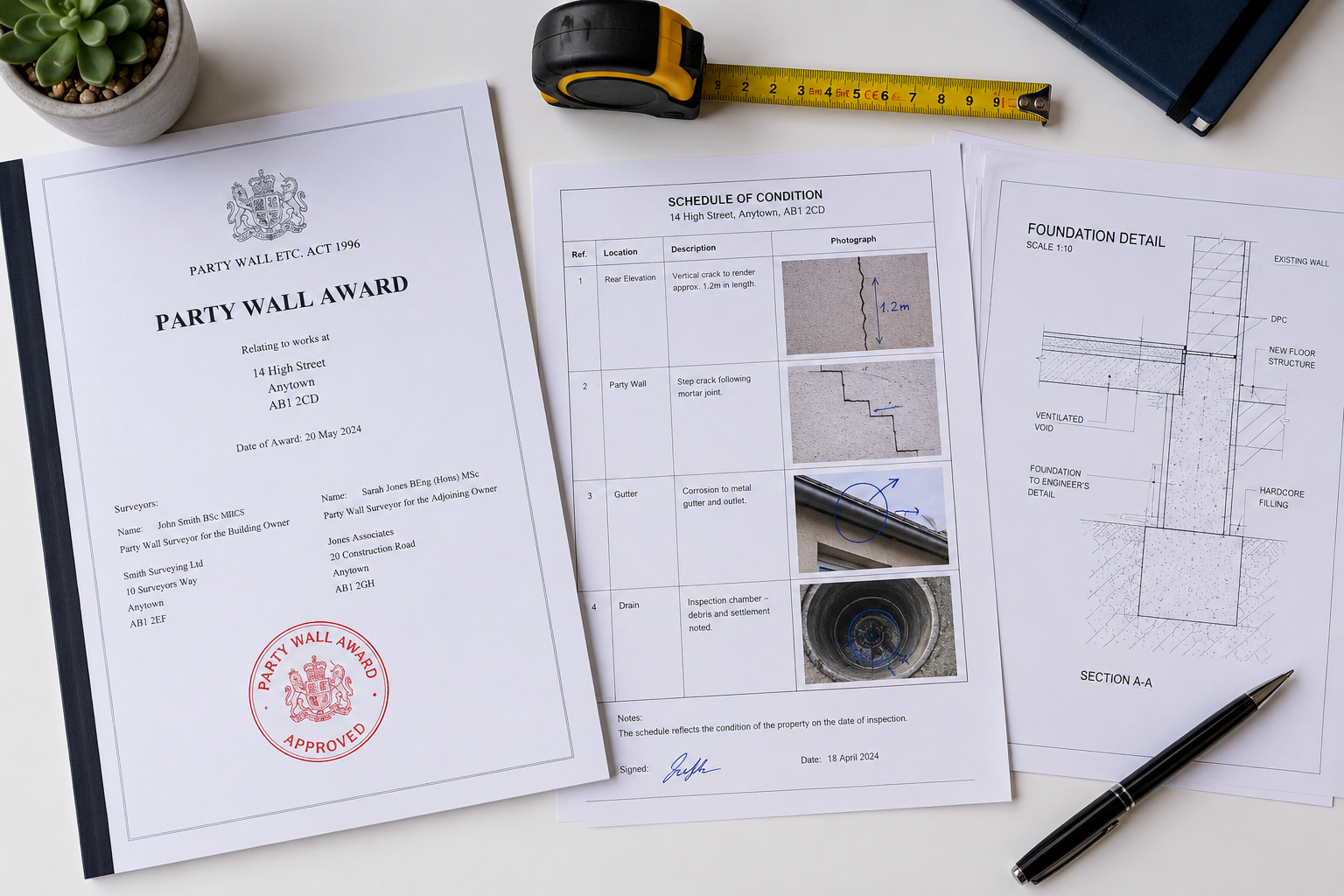 () flat-lay style editorial image of a professional party wall surveyor's desk showing a Party Wall Award document with