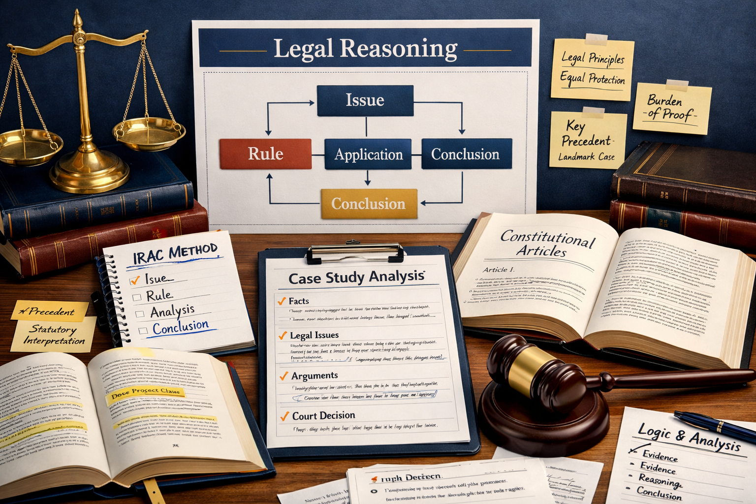 Detailed landscape format (1536x1024) image showing Legal Reasoning mastery concept with open law books, constitutional articles, case study