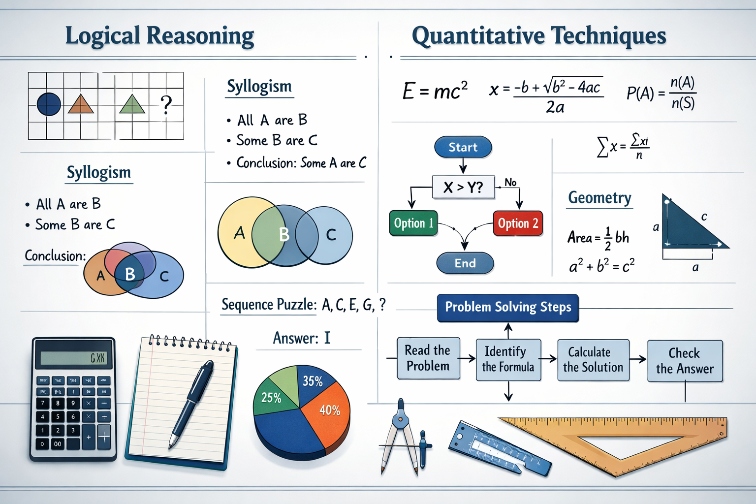 Strategic landscape format (1536x1024) image showcasing Logical Reasoning and Quantitative Techniques mastery with mathematical formulas, lo