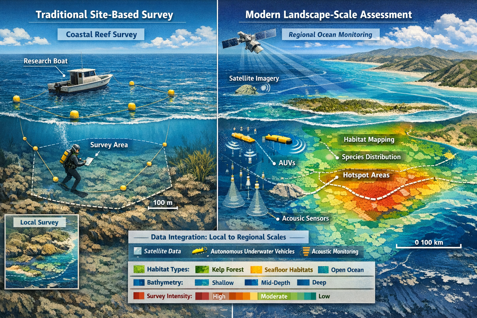 Detailed () illustration showing split-screen comparison of traditional site-based marine survey (left side) with small