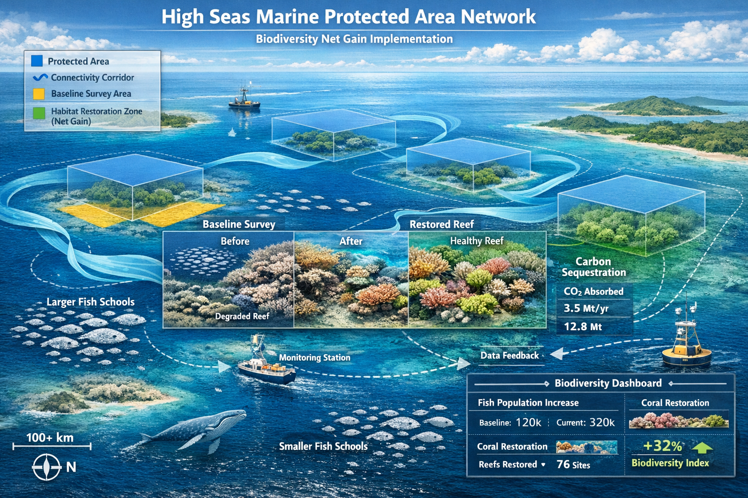 Detailed () conceptual illustration of marine protected area network design in high seas showing biodiversity net gain