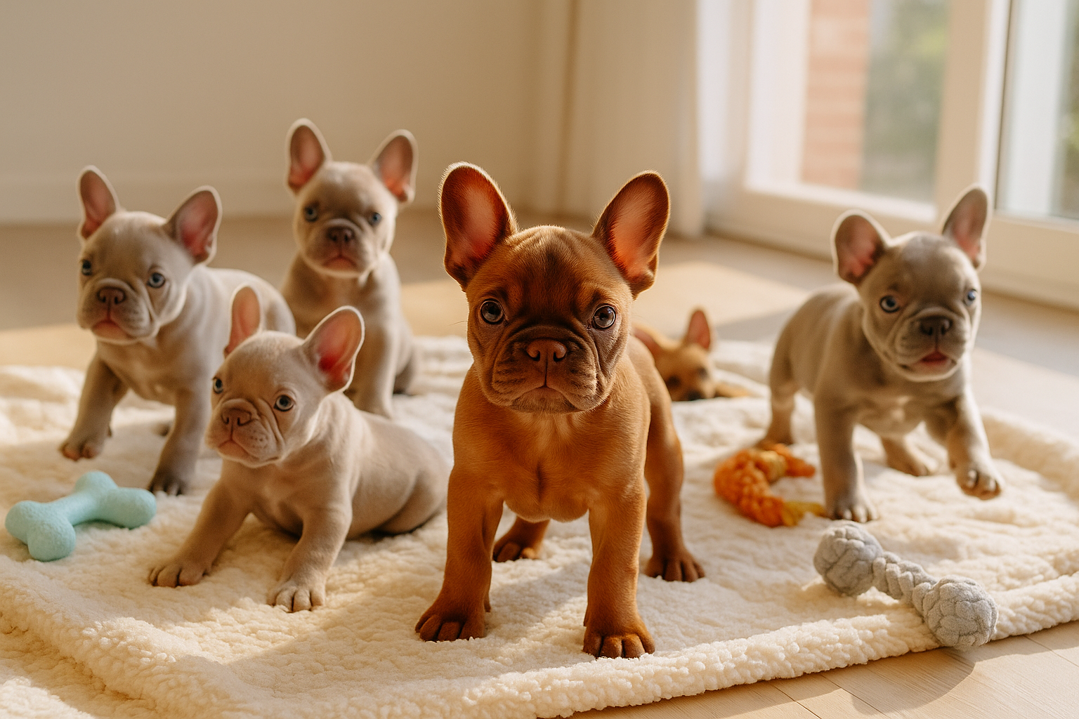 A beautifully composed landscape image (1536x1024) showcasing a diverse group of French Bulldog puppies in various desirable colors like Lil