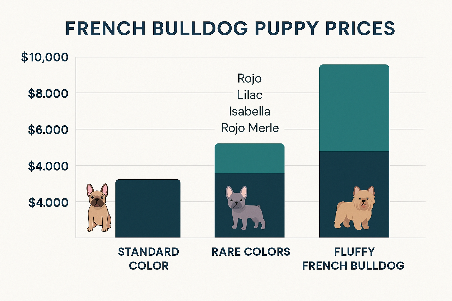 A sophisticated infographic or data visualization (1536x1024) illustrating the pricing spectrum of French Bulldog puppies from $4,000 to Section Image0