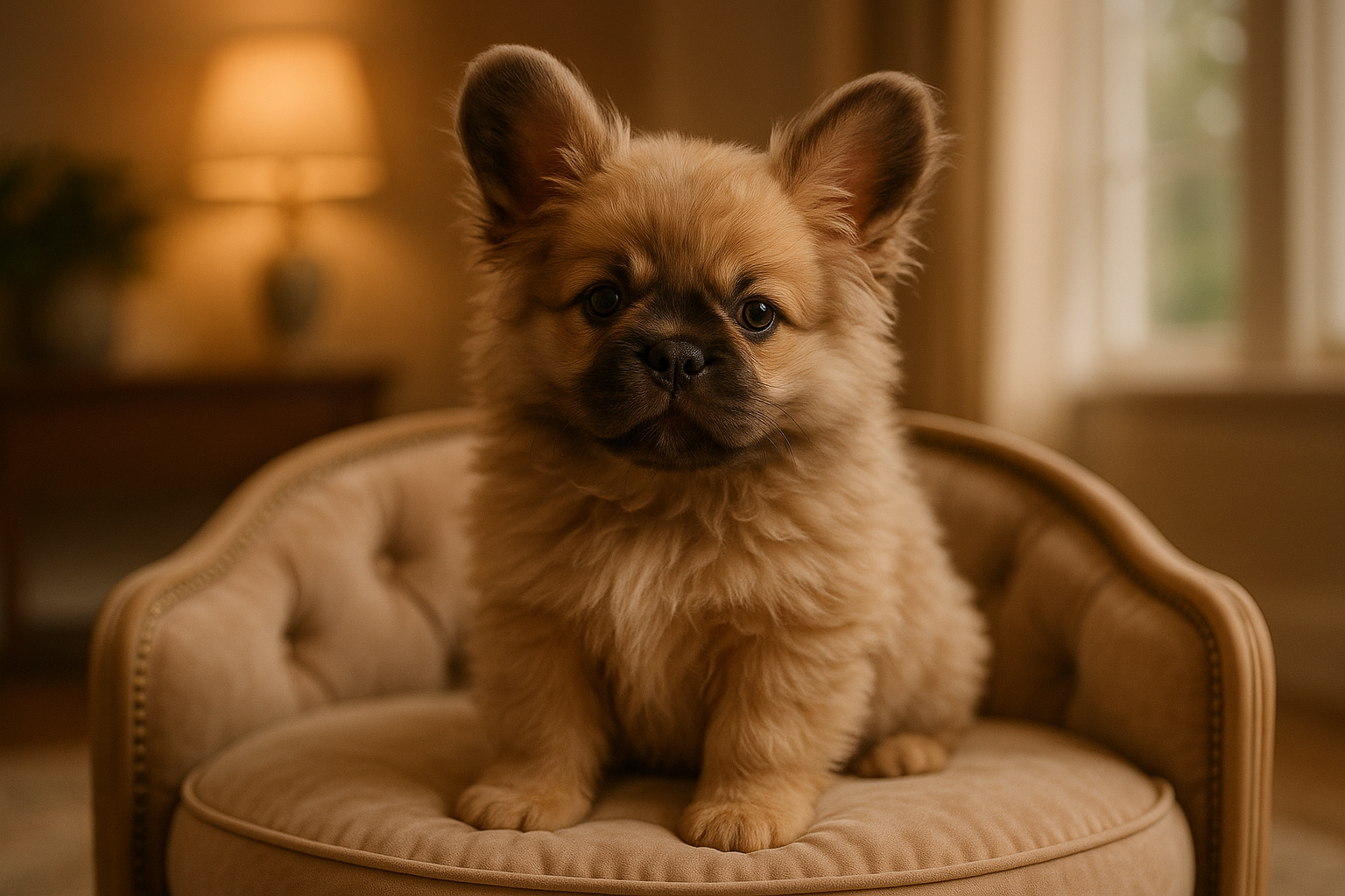 An enchanting landscape image (1536x1024) featuring a fluffy French Bulldog puppy with a luxurious, soft coat, looking directly at the viewe