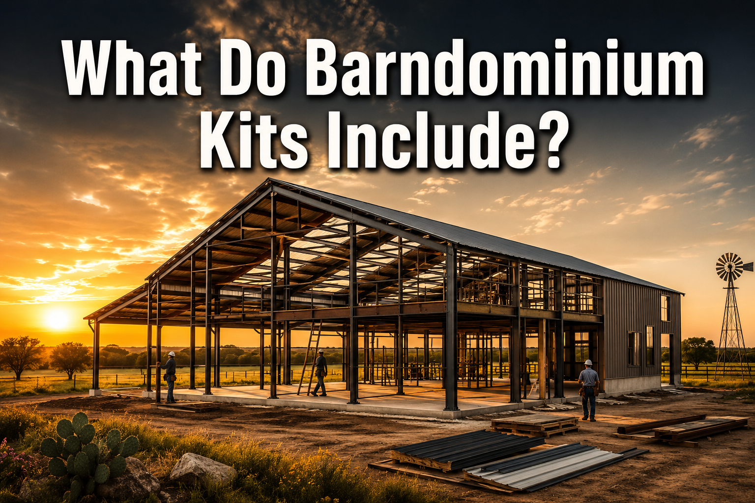 Professional () hero image with : 'What Do Barndominium Kits Include?' in extra large white with dark drop , centered in