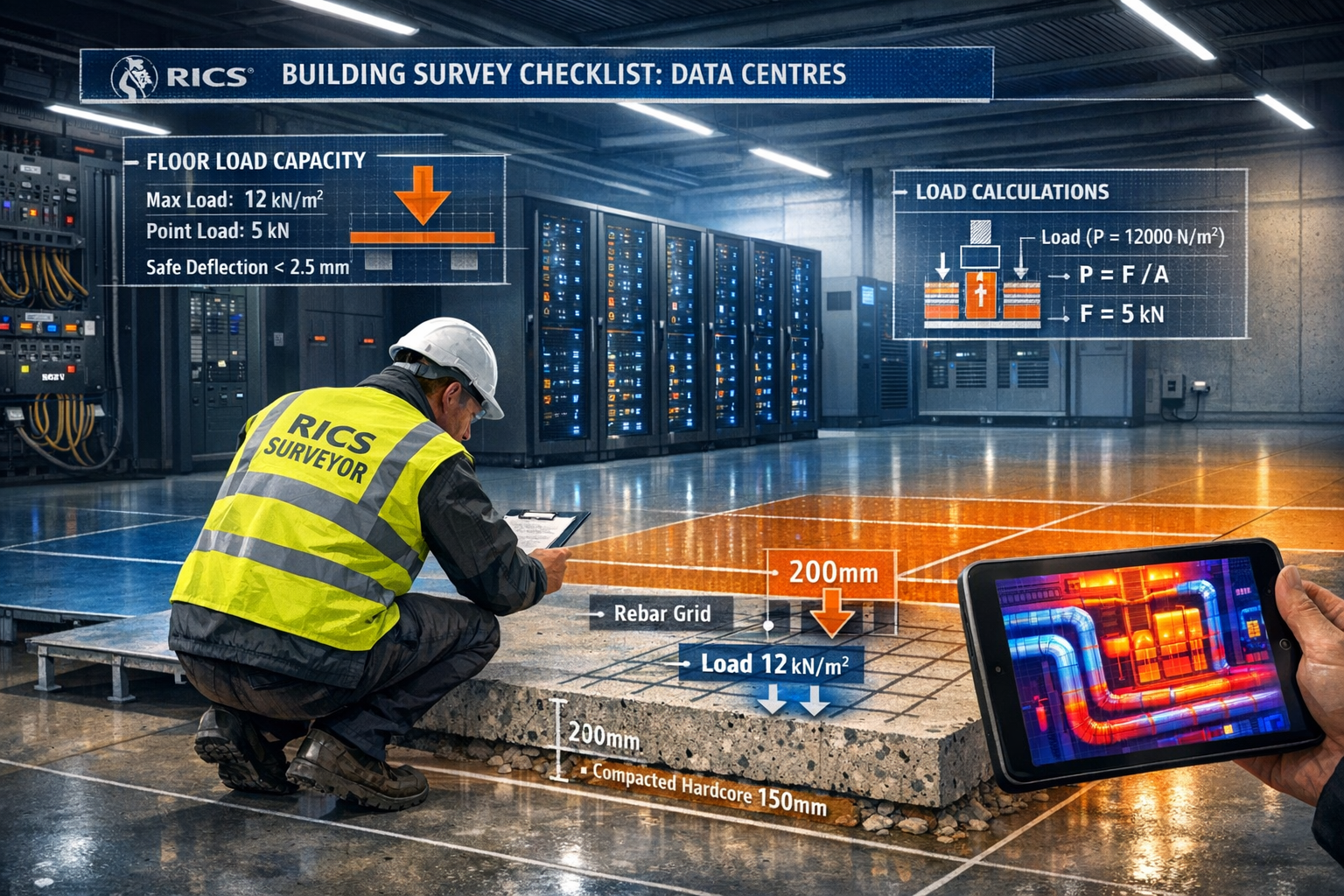Landscape format (1536x1024) detailed illustration showing RICS building survey checklist for data centres with surveyor in high-visibility 