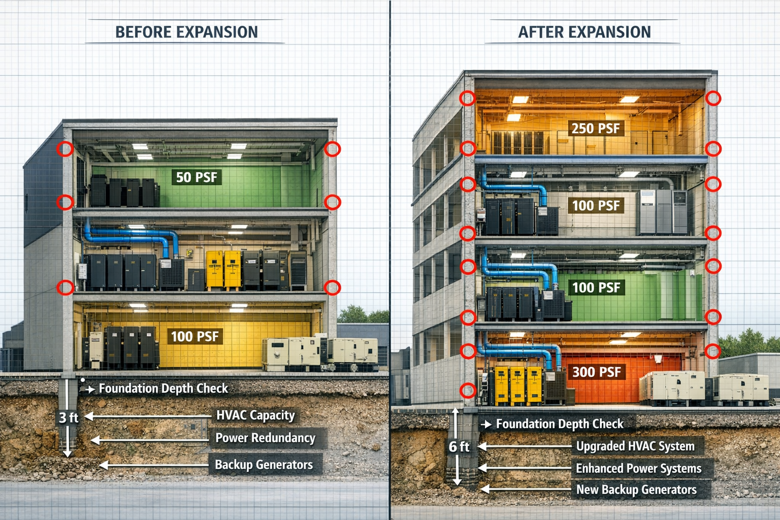 Landscape format (1536x1024) technical diagram showing data centre expansion survey requirements: cross-section view of building structure w