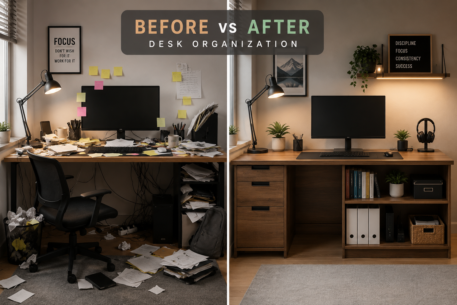 Home Office Desk With Drawers and Shelves Wide-angle landscape format (1536x1024) showing a split-scene comparison: left side depicts a cluttered desk with papers and cables everywhere, right side shows the same desk transformed with built-in drawers and open shelves neatly organizing books, files, and tech accessories. Clean dividing line down the center, soft studio lighting, modern home office aesthetic, labeled 'Before vs After Desk Organization' in subtle overlay text, warm neutral color palette.