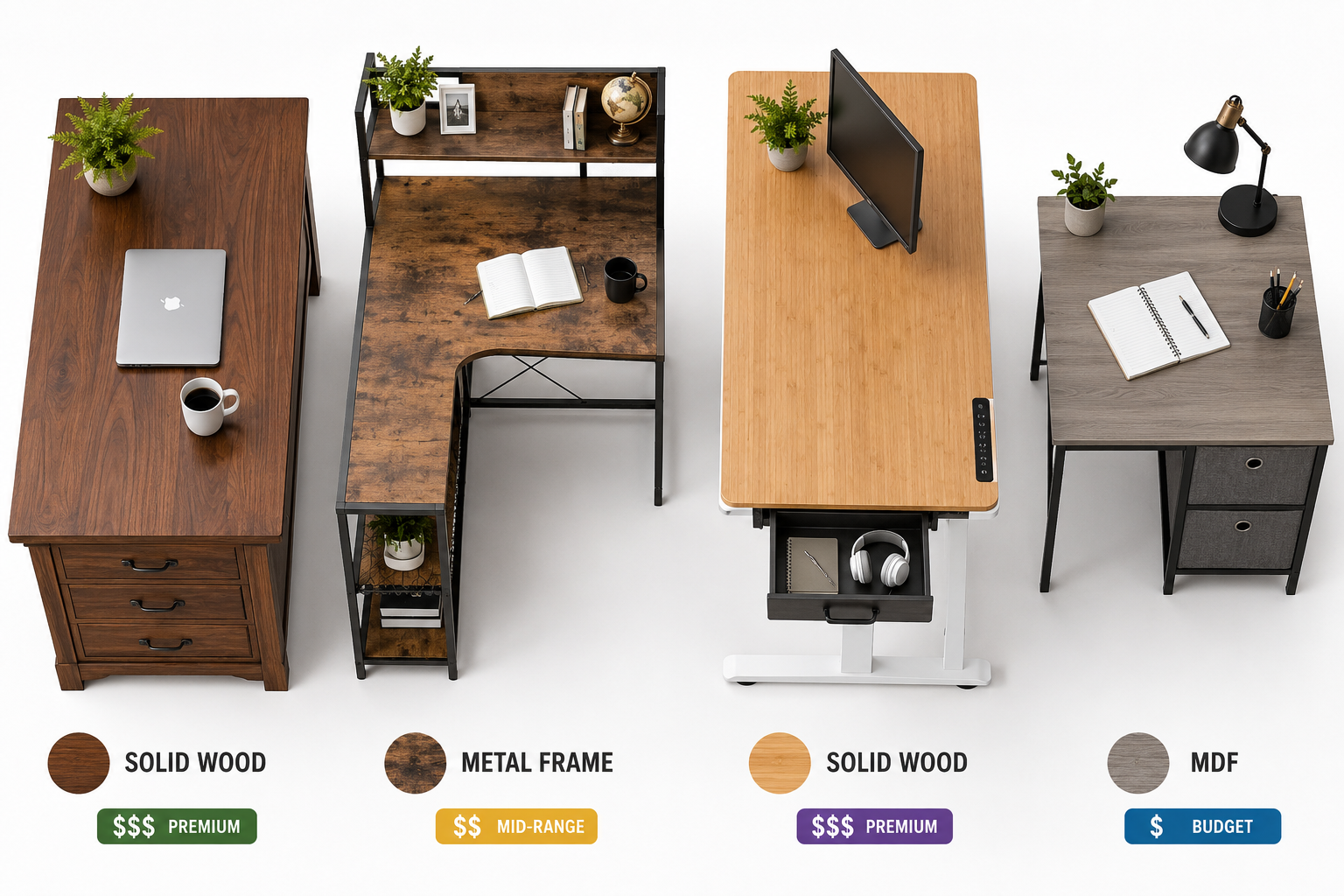 Home Office Desk With Drawers and Shelves Landscape format (1536x1024) close-up product comparison flat-lay showing four desk styles side by side from above: a straight desk with pedestal drawers, an L-shaped corner desk with shelves, a standing desk with a storage drawer, and a compact writing desk with fabric drawers. Each labeled with material type (solid wood, metal frame, MDF) and price tier badge. Clean white background, professional product photography style, crisp shadows, home office furniture focus.