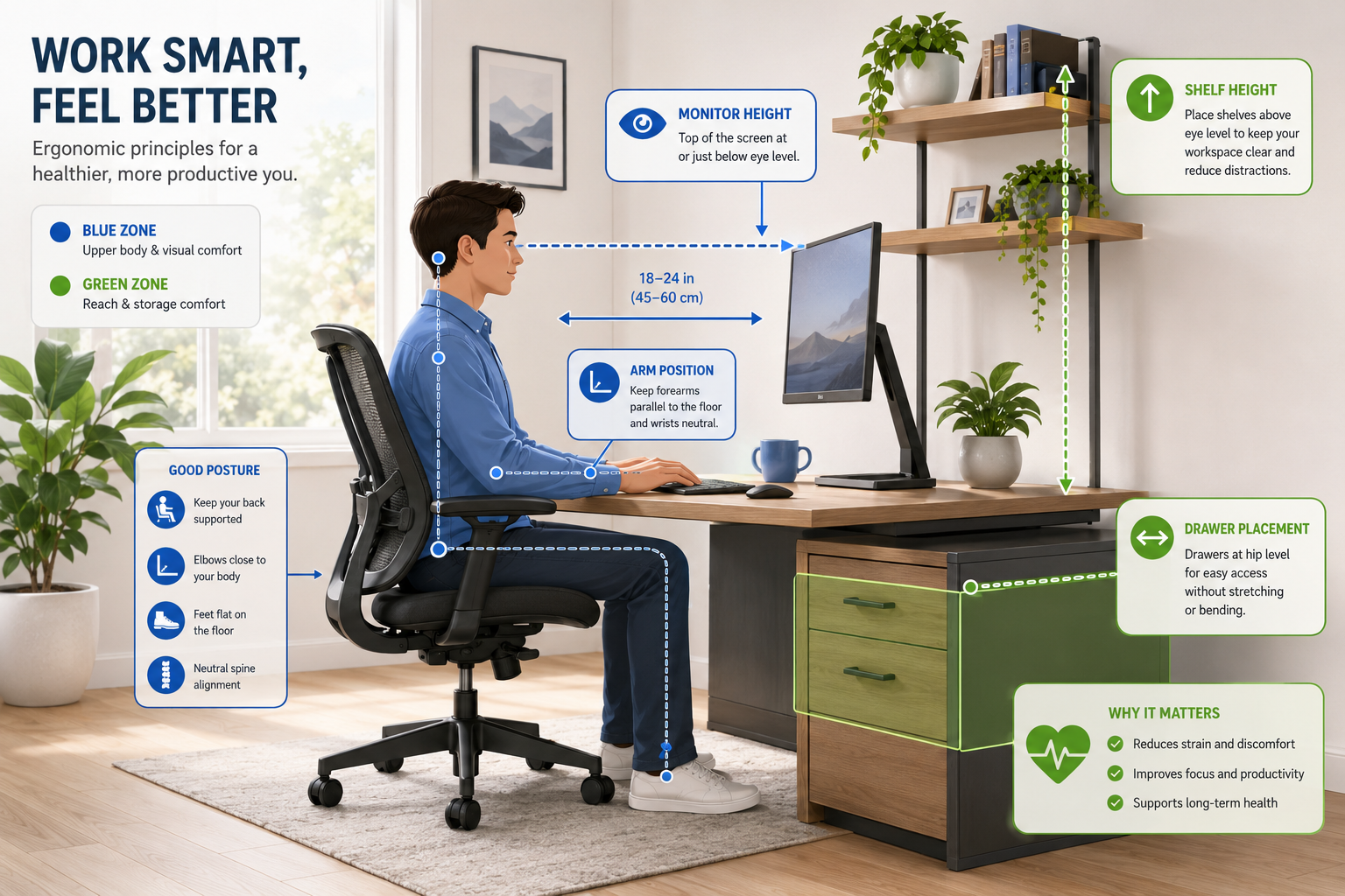 Home Office Desk With Drawers and Shelves Landscape format (1536x1024) infographic-style illustration showing ergonomic desk setup principles: a person seated at a home office desk with drawers and shelves, with annotated arrows indicating correct monitor height, arm position, drawer placement at hip level, and shelf height above eye level. Color-coded zones in blue and green, clean sans-serif annotation text, modern flat design style, bright airy home office background with plants and organized shelving. How Much Do Quality Desks With Storage Actually Cost