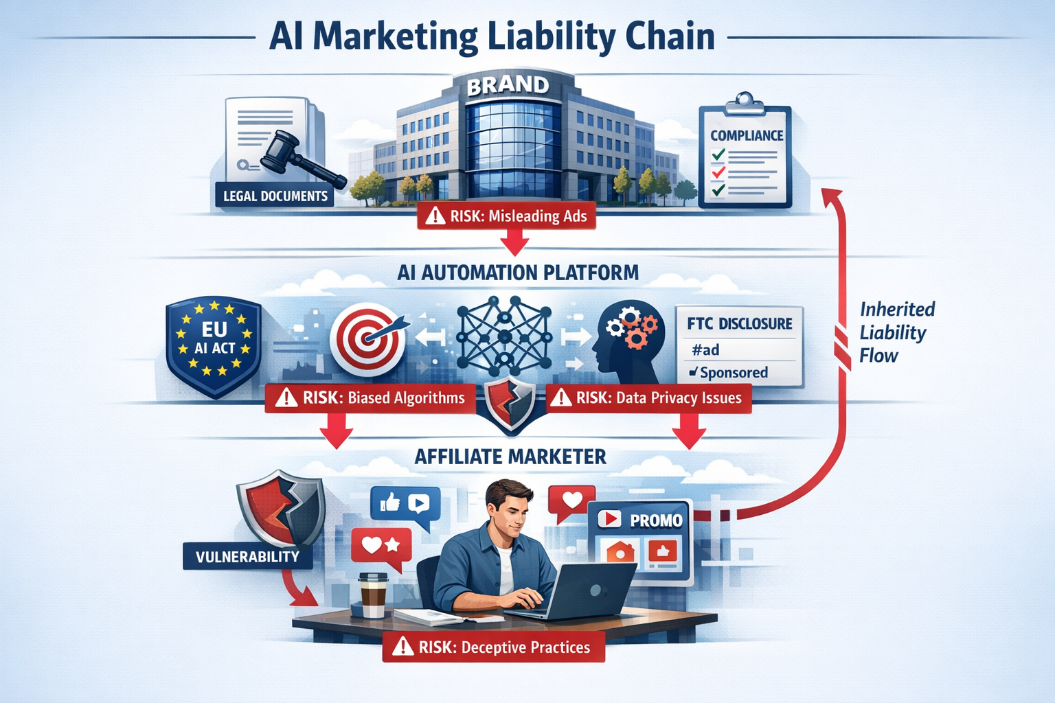 Landscape format (1536x1024) detailed infographic illustration showing the AI marketing liability chain from brand to affiliate. Visual depi