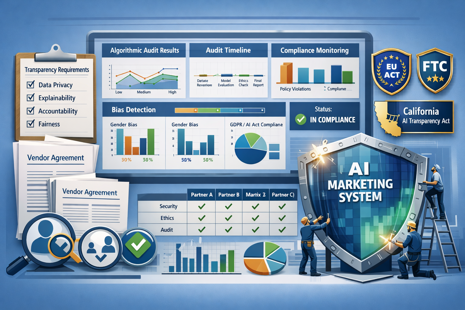 Landscape format (1536x1024) professional illustration depicting AI governance framework implementation. Central focus shows large digital d