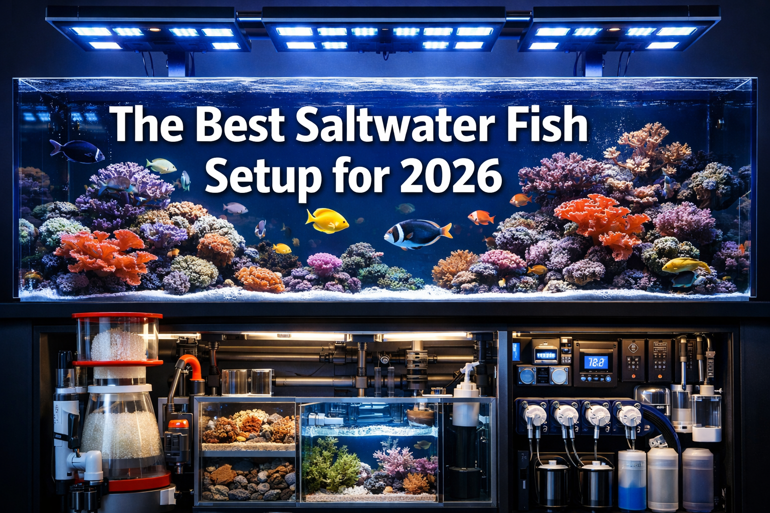 Professional landscape hero image (1536x1024) featuring bold text overlay 'The Best Saltwater Fish Setup for 2026' in extra large 72pt white