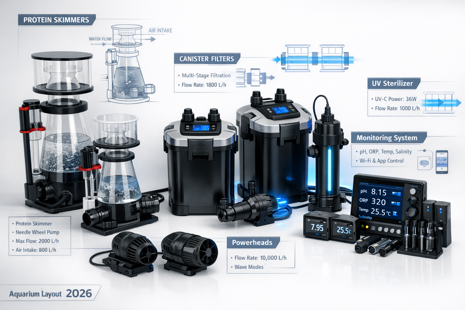 Detailed landscape image (1536x1024) showing modern saltwater aquarium equipment layout for 2026 including protein skimmers, canister filter