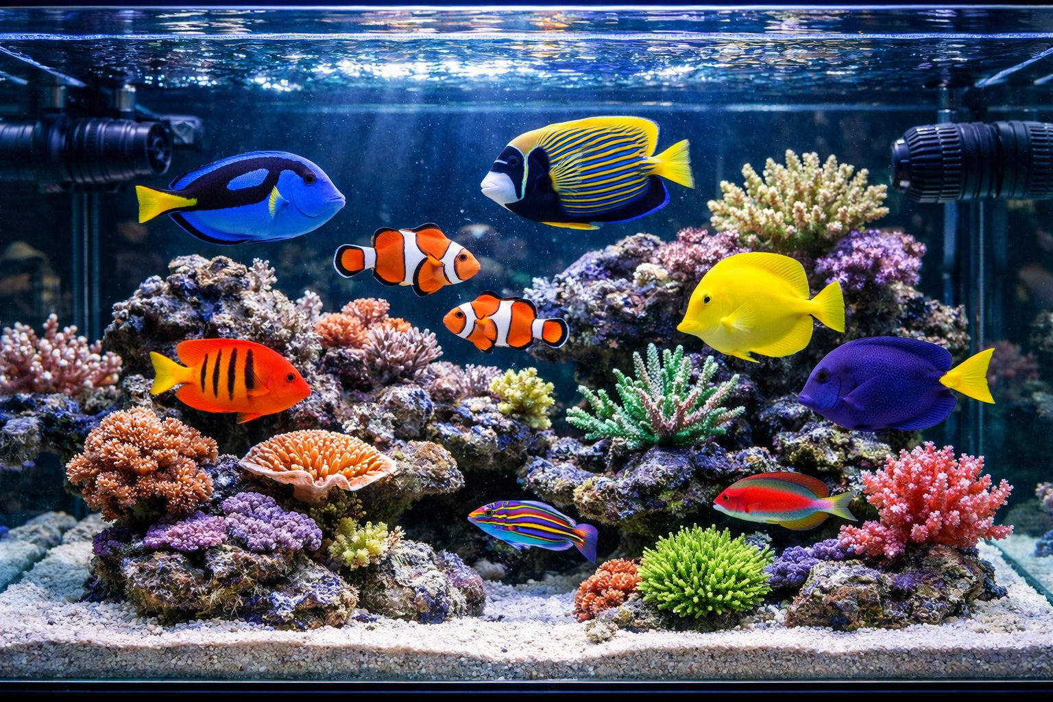 Professional landscape image (1536x1024) displaying vibrant saltwater fish species including angelfish, clownfish, tangs, and wrasses swimmi
