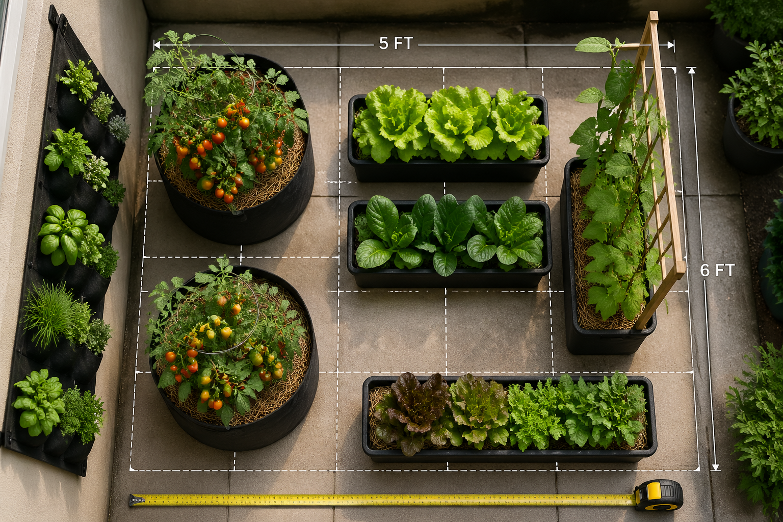 Overhead bird's-eye view () of a precisely measured 5x6 foot patio space marked with subtle grid lines, showing strategic