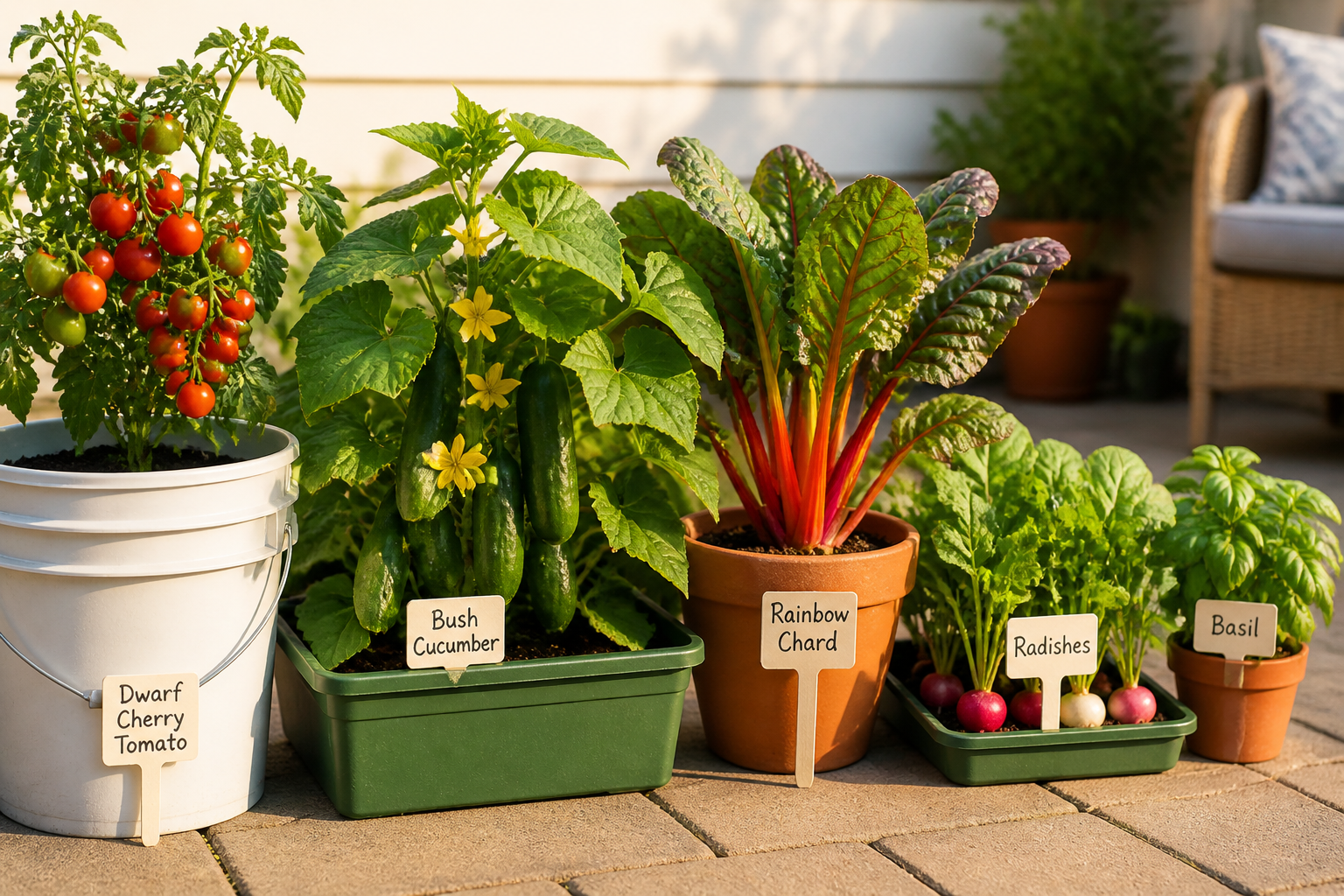 Close-up wide shot () of a comparison layout showing high-yield compact vegetables side by side in containers on a patio: