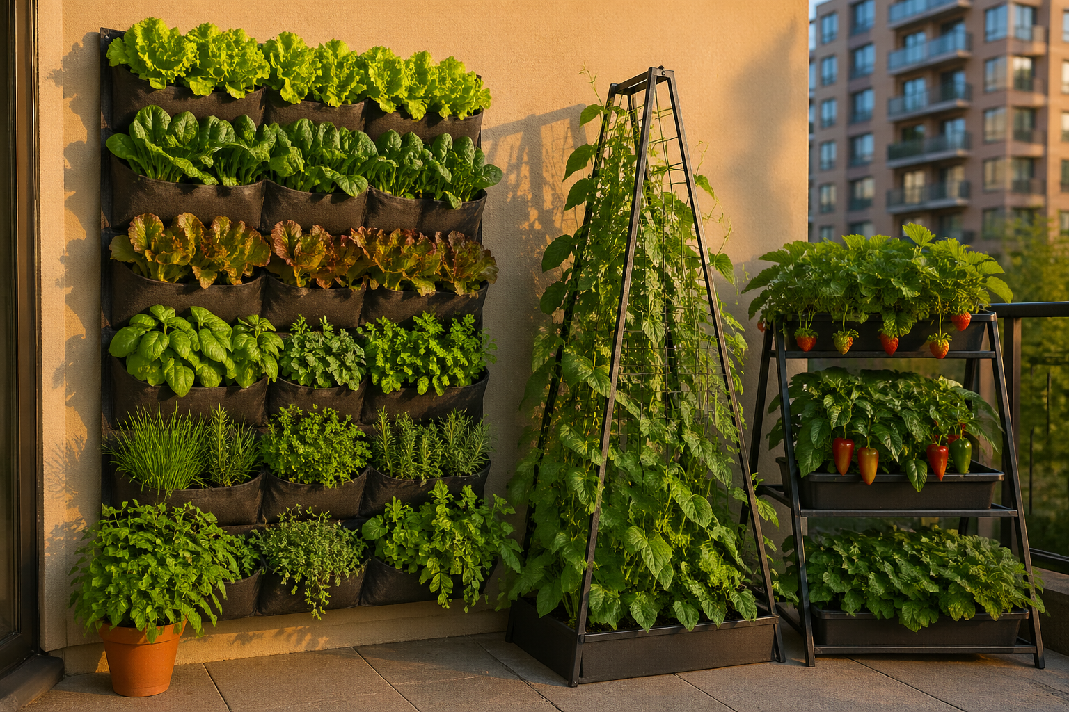 Straight-on eye-level shot () of a vertical gardening setup on a 5x6 patio wall: stacked wall-mounted pocket planters filled