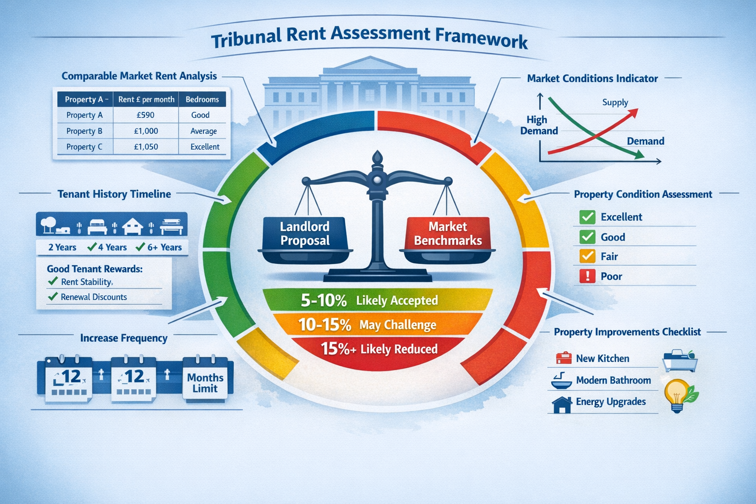 () comprehensive infographic displaying tribunal rent assessment framework as circular diagram with six interconnected
