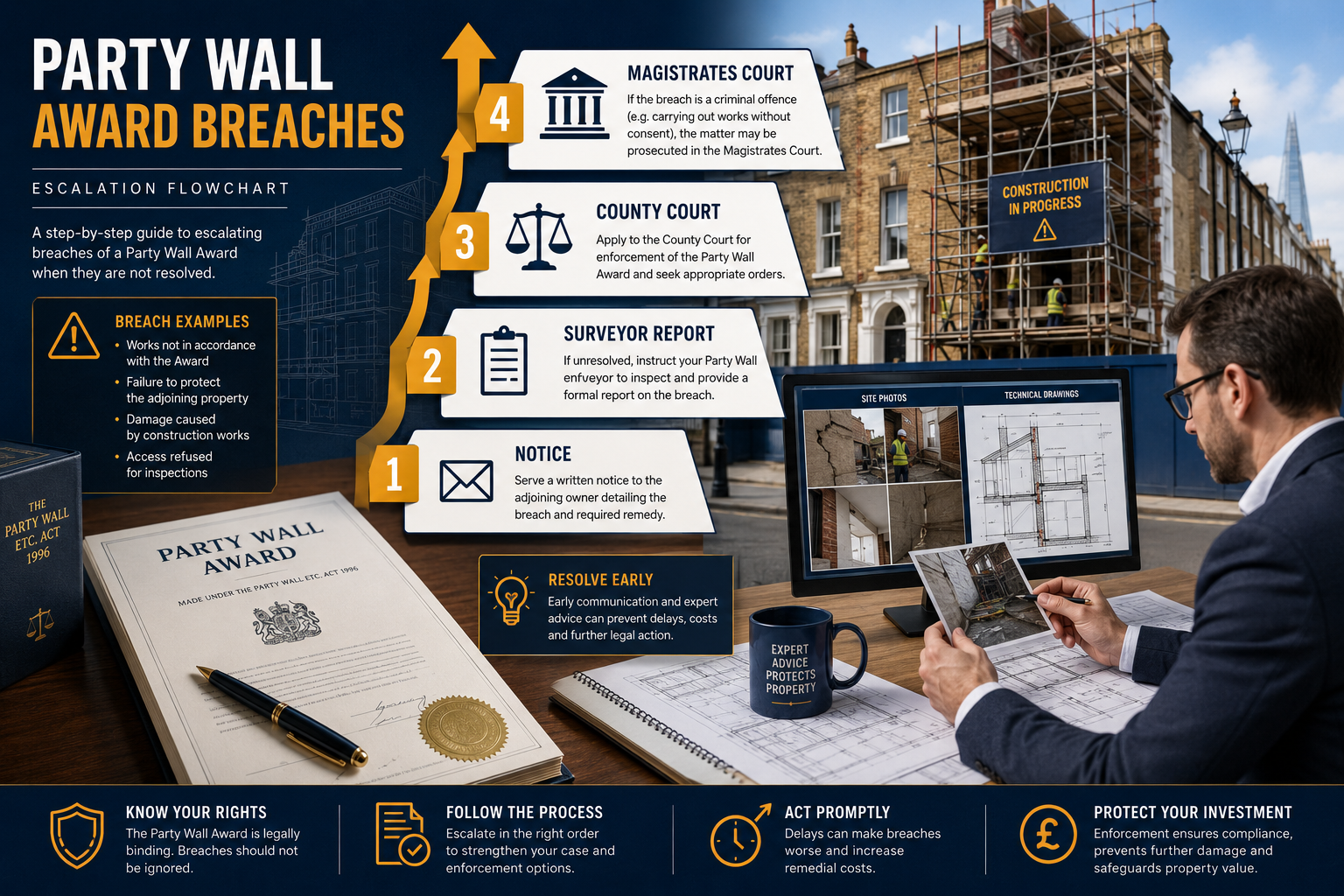 Detailed () editorial illustration showing a step-by-step escalation flowchart for party wall award breaches. Visual