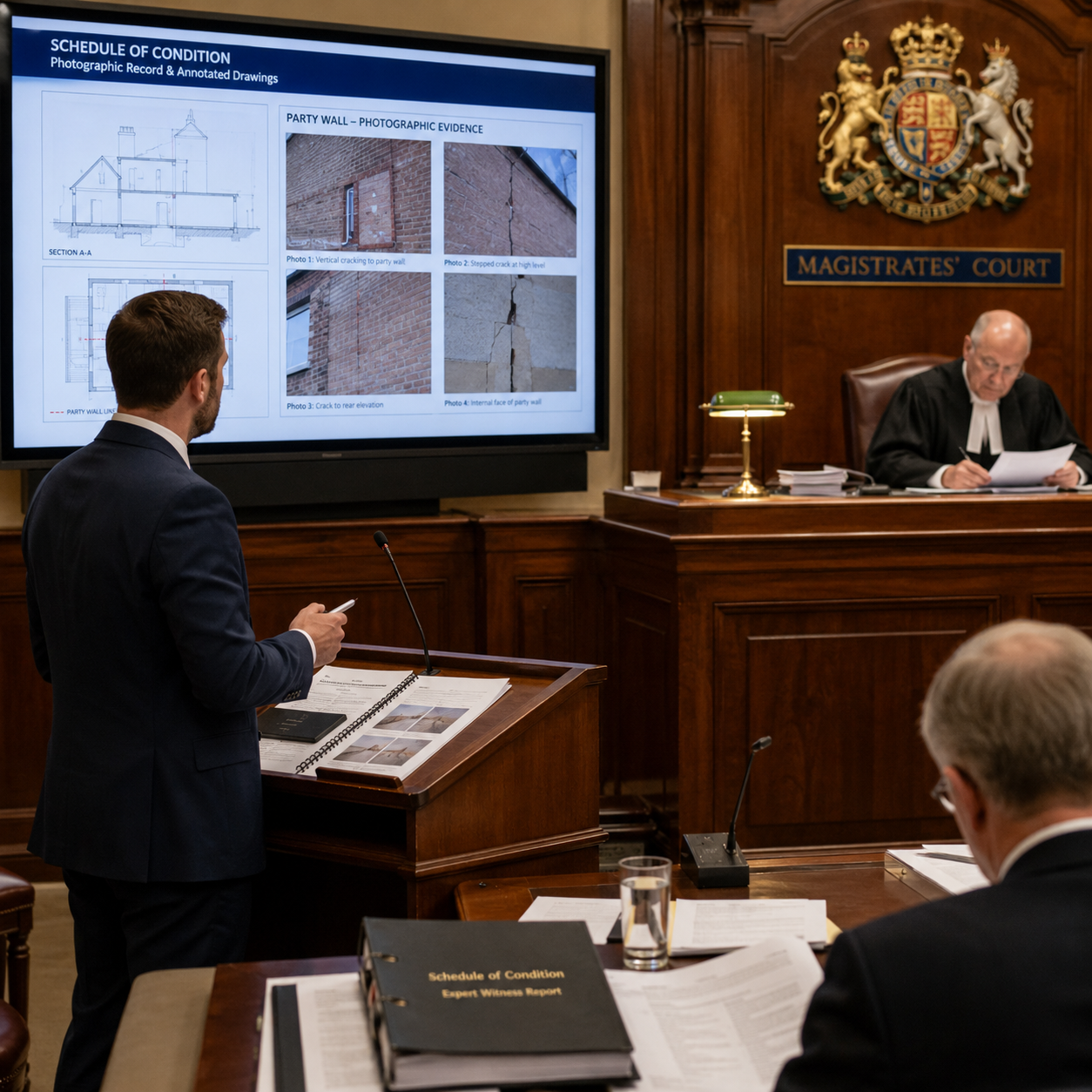 Detailed () close-up editorial scene inside a UK magistrates courtroom showing a surveyor expert witness standing at a
