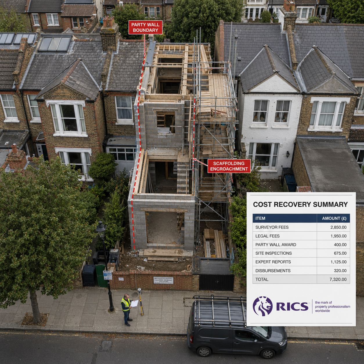 Detailed () overhead aerial-style editorial image of a London urban street with row of terraced houses undergoing rear