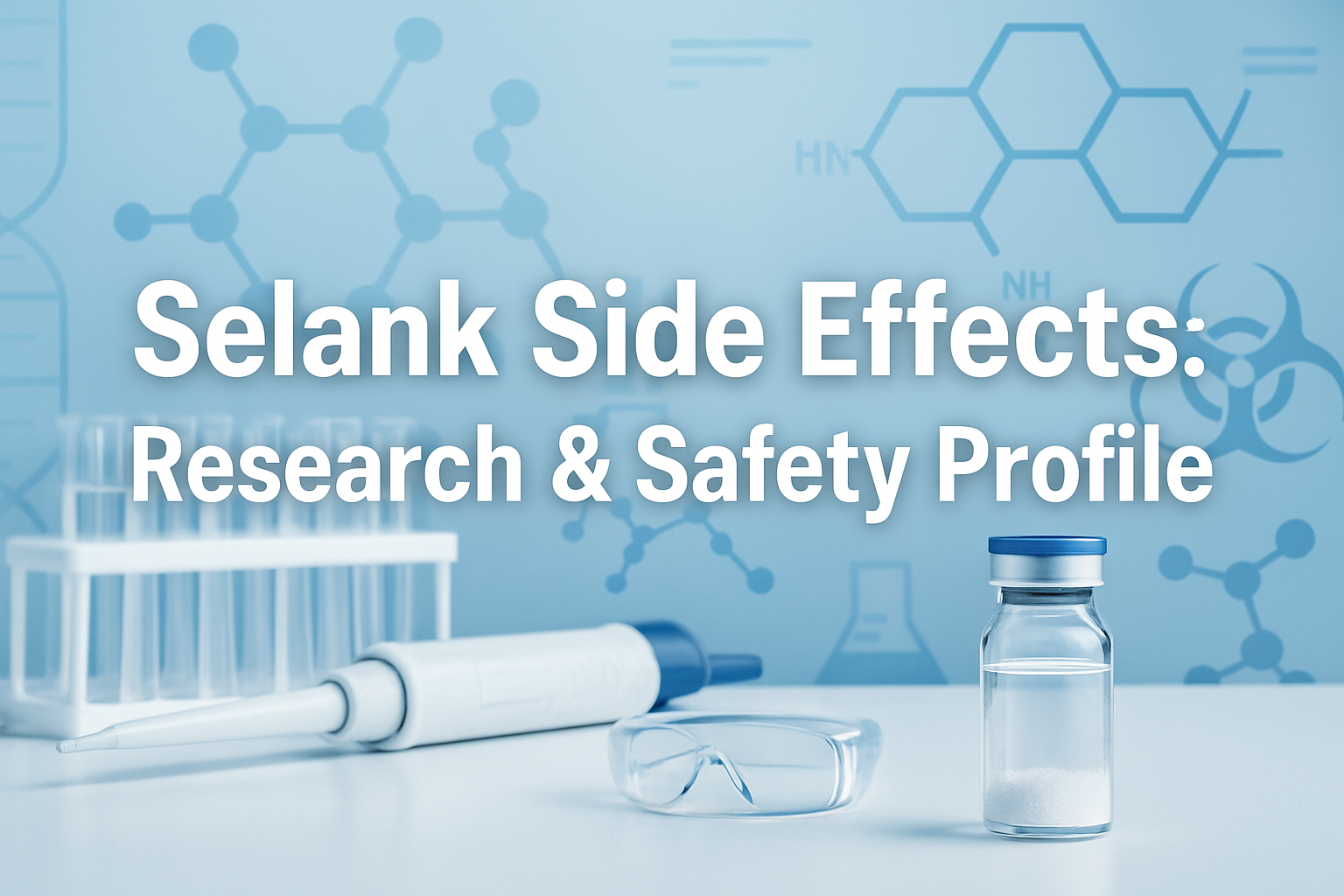 Professional landscape hero image (1536x1024) featuring bold text overlay 'Selank Side Effects: Research & Safety Profile' in extra large 72
