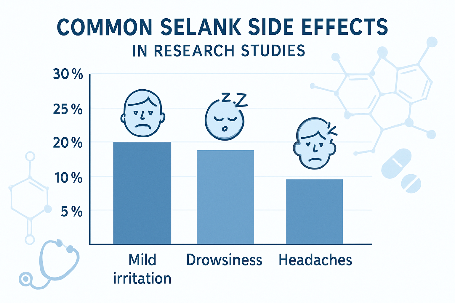 Scientific infographic showing common Selank side effects in research studies - bar chart displaying frequency percentages of mild irritatio