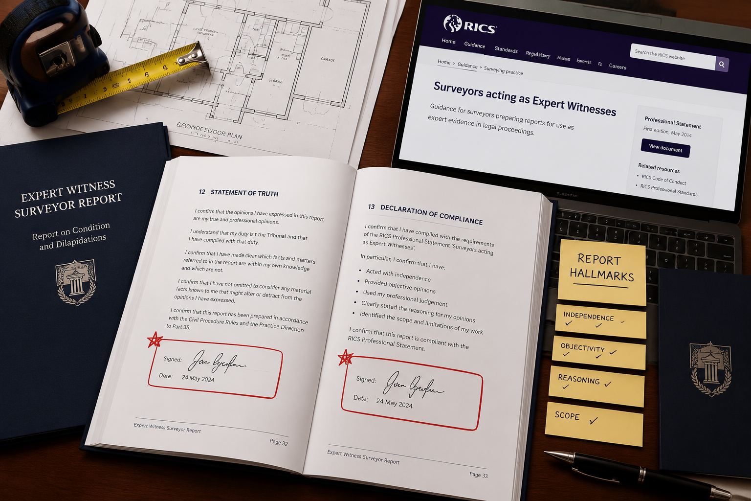 () close-up overhead flat-lay composition on a mahogany desk showing an expert witness surveyor report spread open, with red