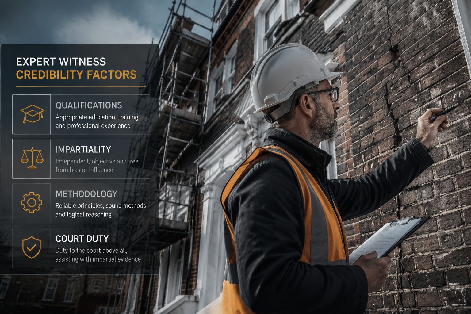 () dramatic wide-angle view of a professional surveyor conducting a property inspection, clipboard in hand, examining