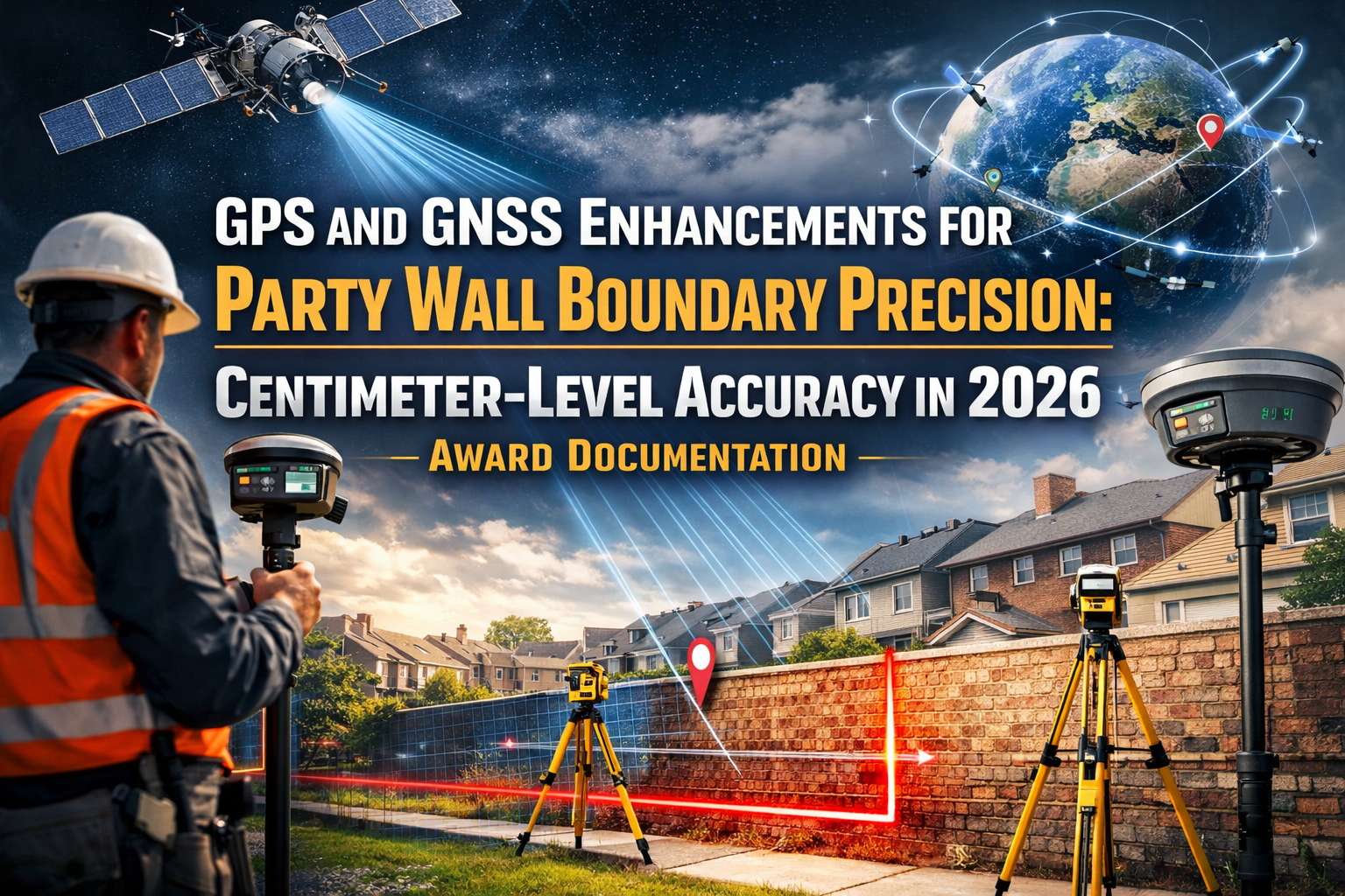 Professional landscape hero image () with : "GPS and GNSS Enhancements for Party Wall Boundary Precision: Centimeter-Level