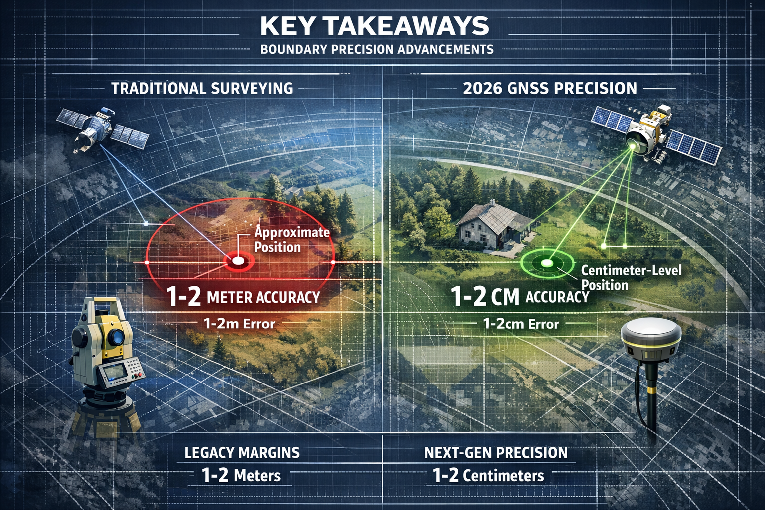 Key Takeaways section infographic visualizing GPS and GNSS boundary precision advancements. Split-screen design with