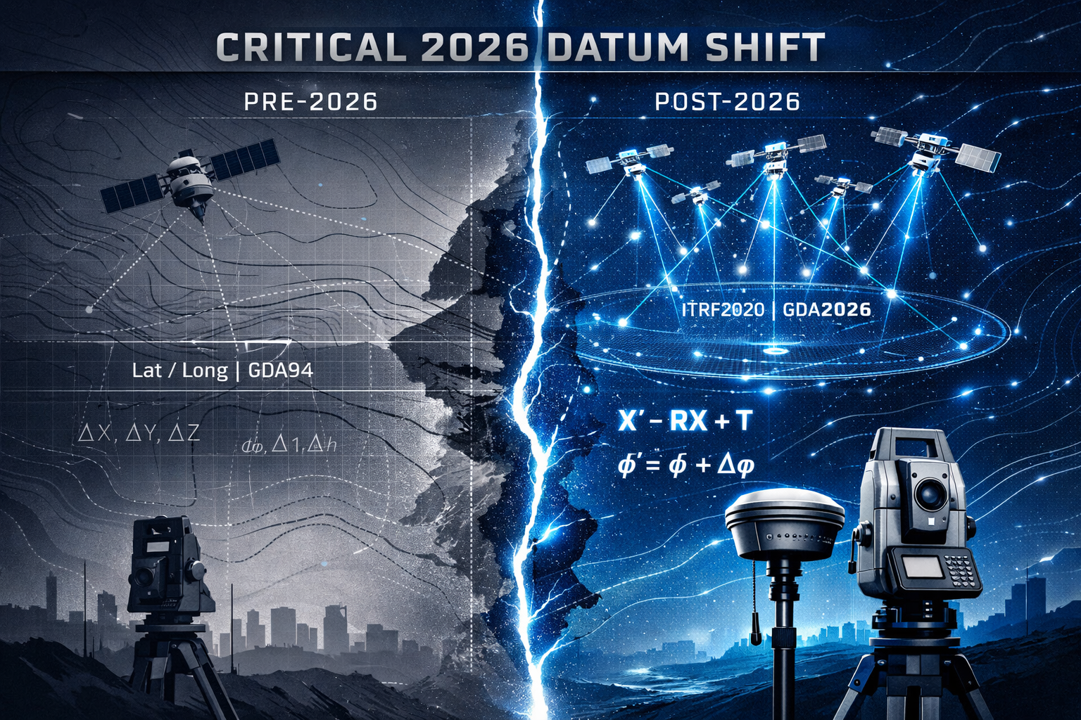 Conceptual visualization for Critical 2026 Datum Shift section showing geospatial transformation. Dramatic split-screen