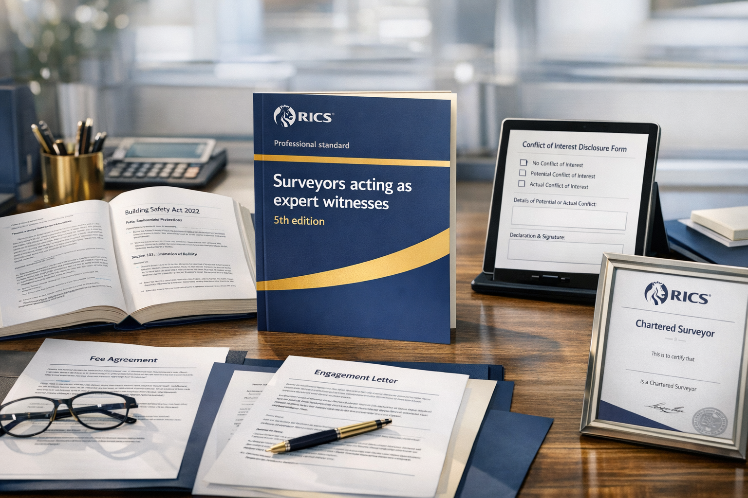Detailed landscape format (1536x1024) image showing RICS professional standards documentation layout with the 5th Edition expert witness gui
