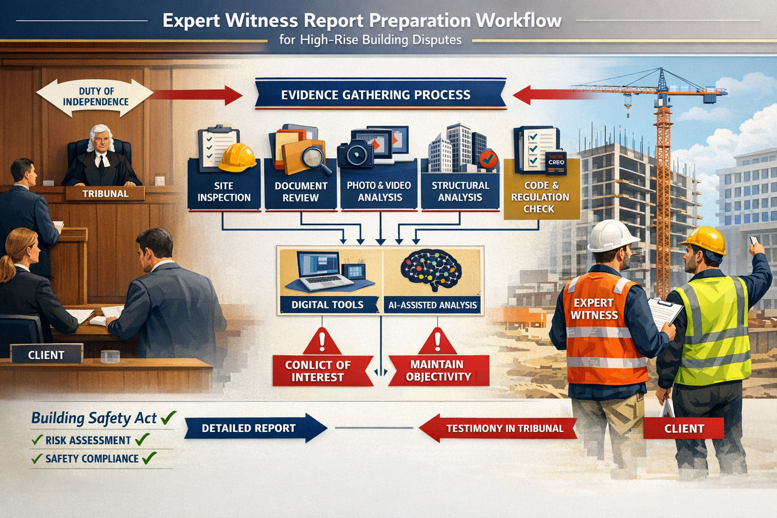 Comprehensive landscape format (1536x1024) infographic illustration showing expert witness report preparation workflow for high-rise buildin