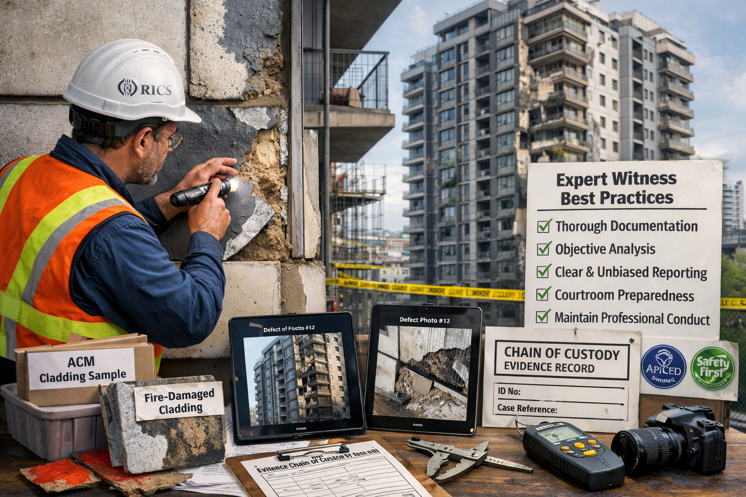 Detailed landscape format (1536x1024) image depicting high-rise building defect investigation scene with professional surveyor in safety gea