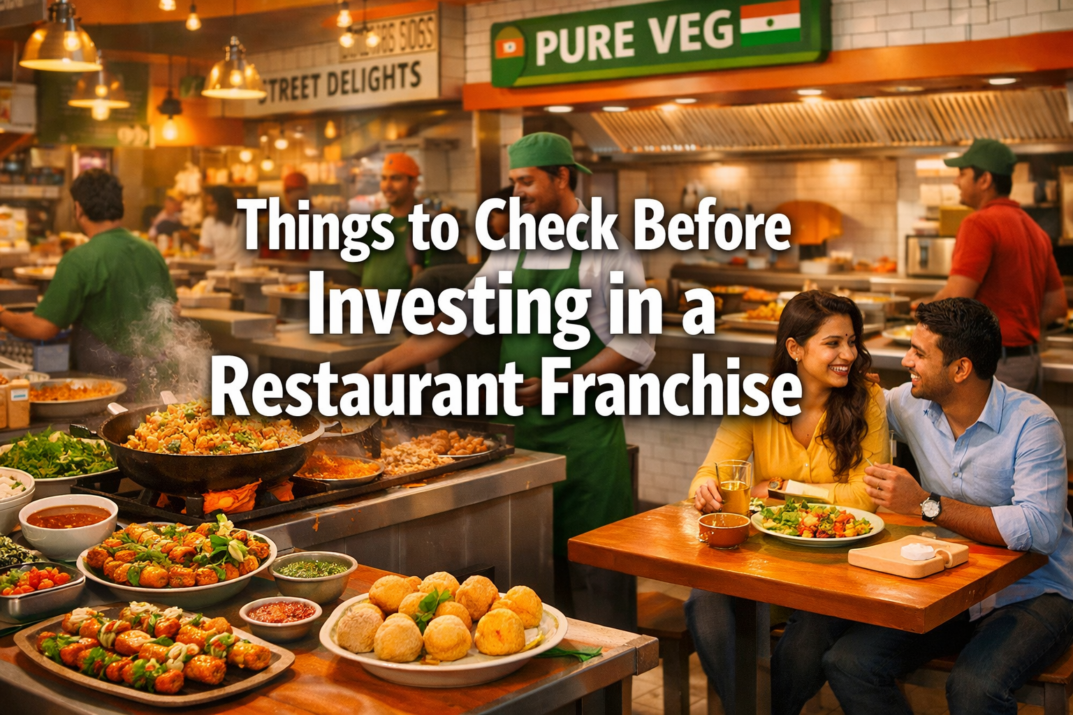 Professional landscape format (1536x1024) hero image with bold text overlay: 'Things to Check Before Investing in a Restaurant Franchise', i