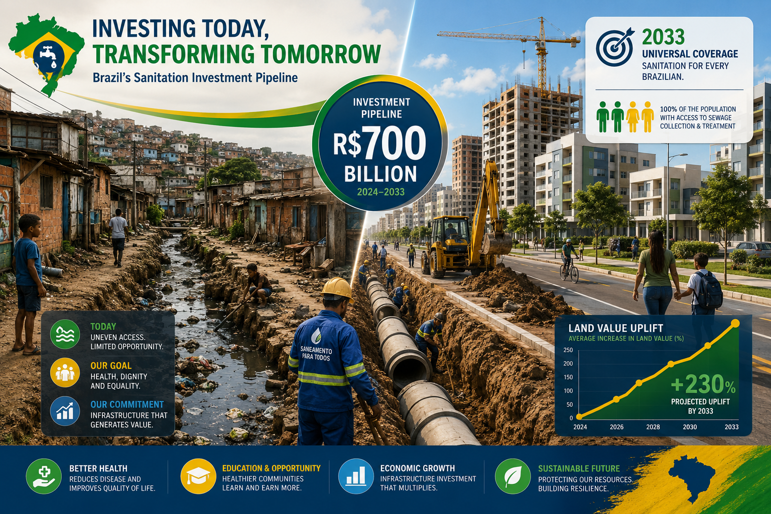 Wide-angle editorial illustration showing Brazil's sanitation investment pipeline: a split-scene composition with left side