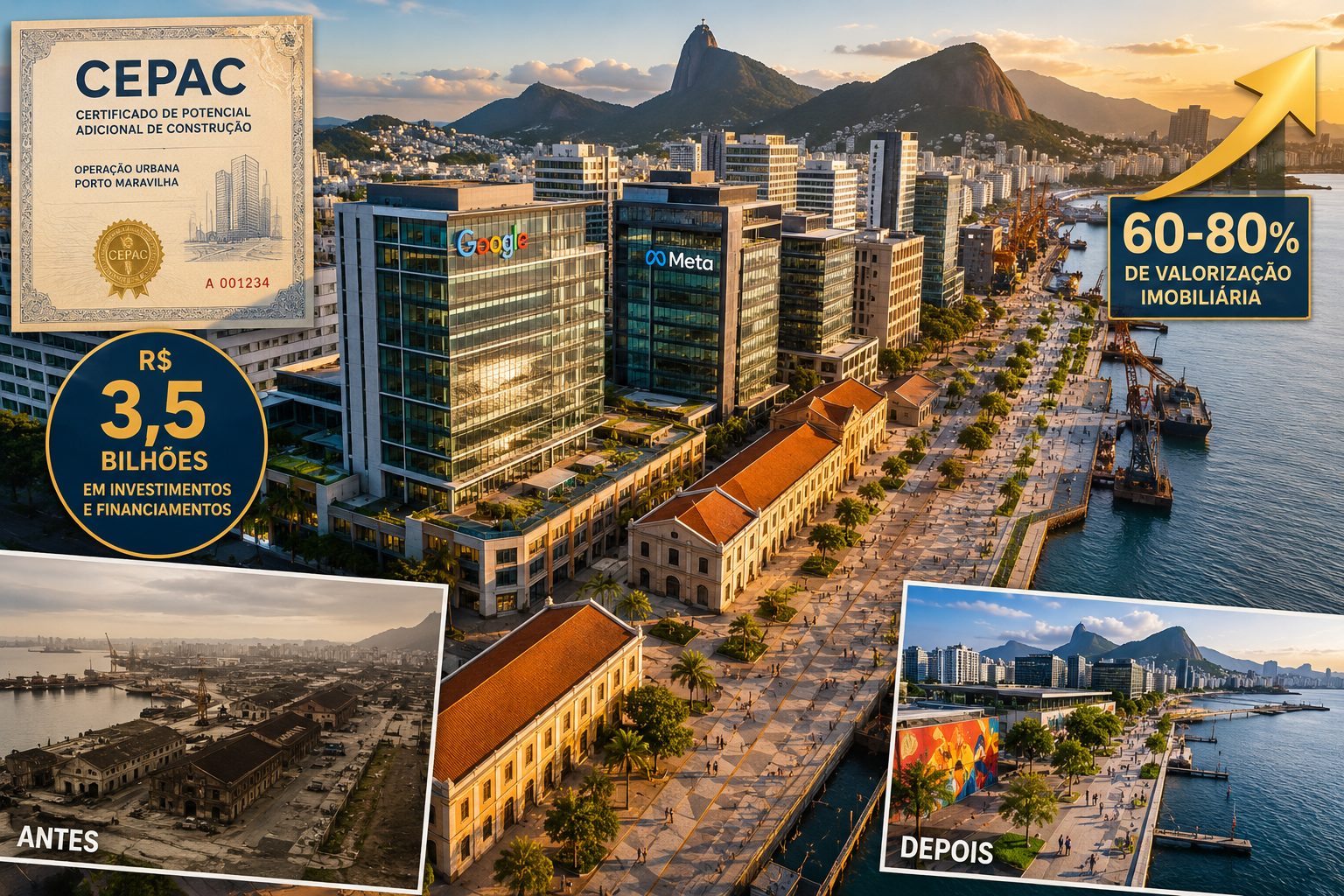 Aerial drone-perspective photograph-style illustration of Porto Maravilha waterfront urban renewal in Rio de Janeiro: