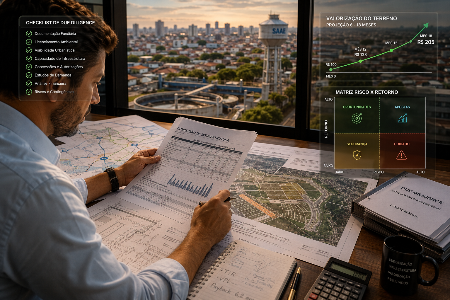 Close-up ground-level perspective of a Brazilian real estate developer reviewing infrastructure concession maps and