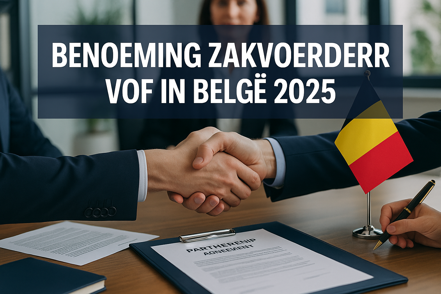 Benoeming Zakvoerder VOF: Complete Gids voor Belgische Vennootschappen 1 Professional landscape hero image (1536x1024) featuring bold text overlay 'Benoeming Zakvoerder VOF in België 2025' in extra large 72pt whit