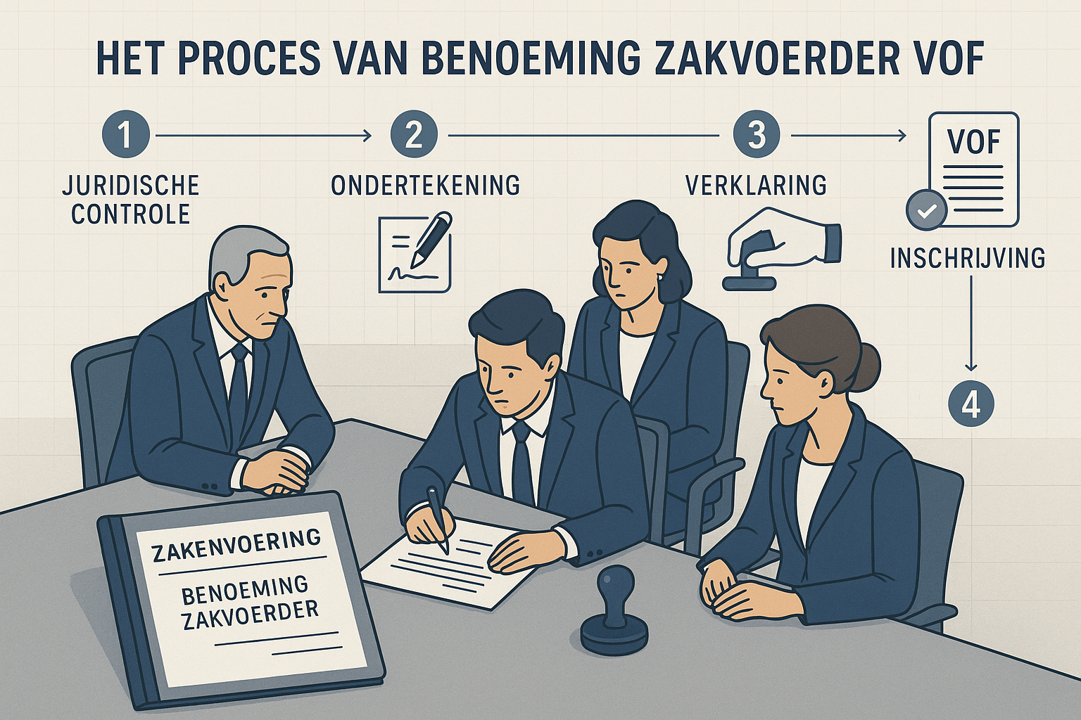 Benoeming Zakvoerder VOF: Complete Gids voor Belgische Vennootschappen 2 Professional editorial illustration depicting 'Het Proces van Benoeming Zakvoerder VOF' with step-by-step visual workflow. Central scene sho