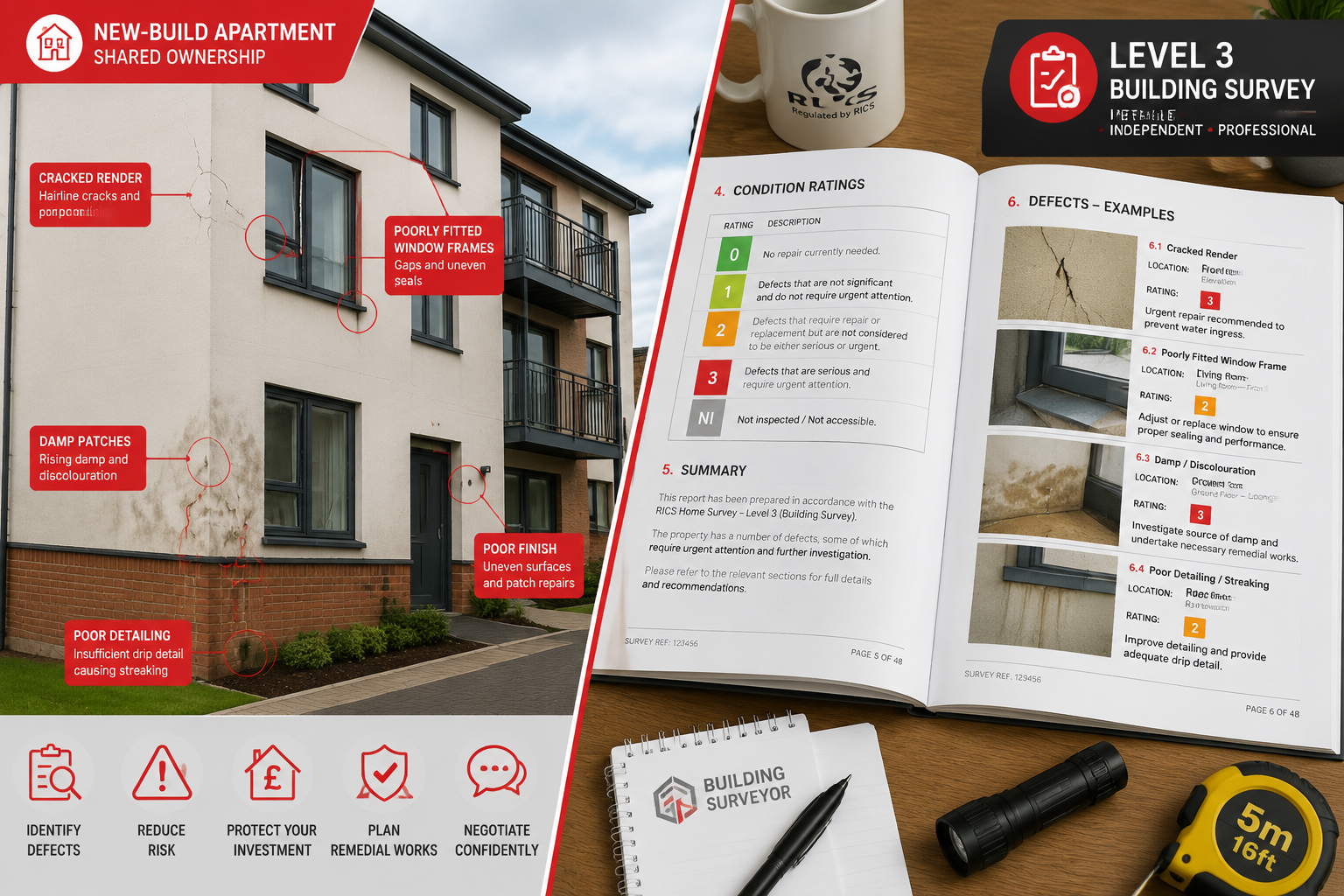 Detailed () illustration showing a split-scene comparison: left side depicts a new-build shared ownership apartment with