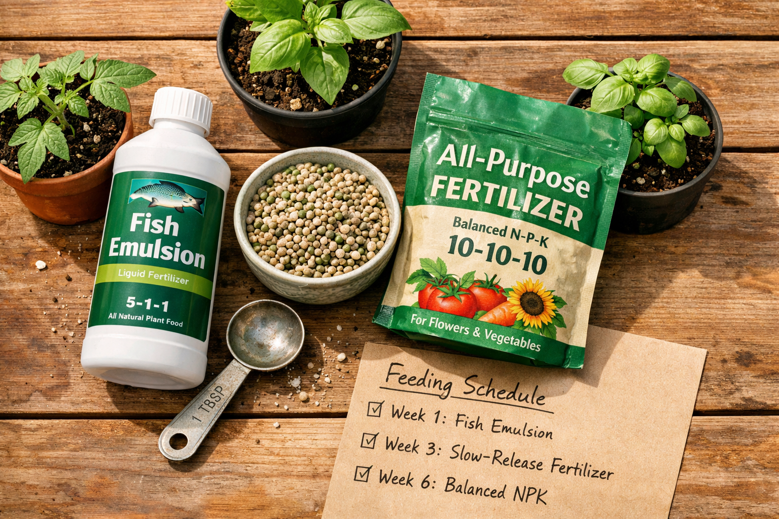 Close-up overhead flat-lay of a wooden potting bench showing three types of fertilizer containers: a liquid fish emulsion