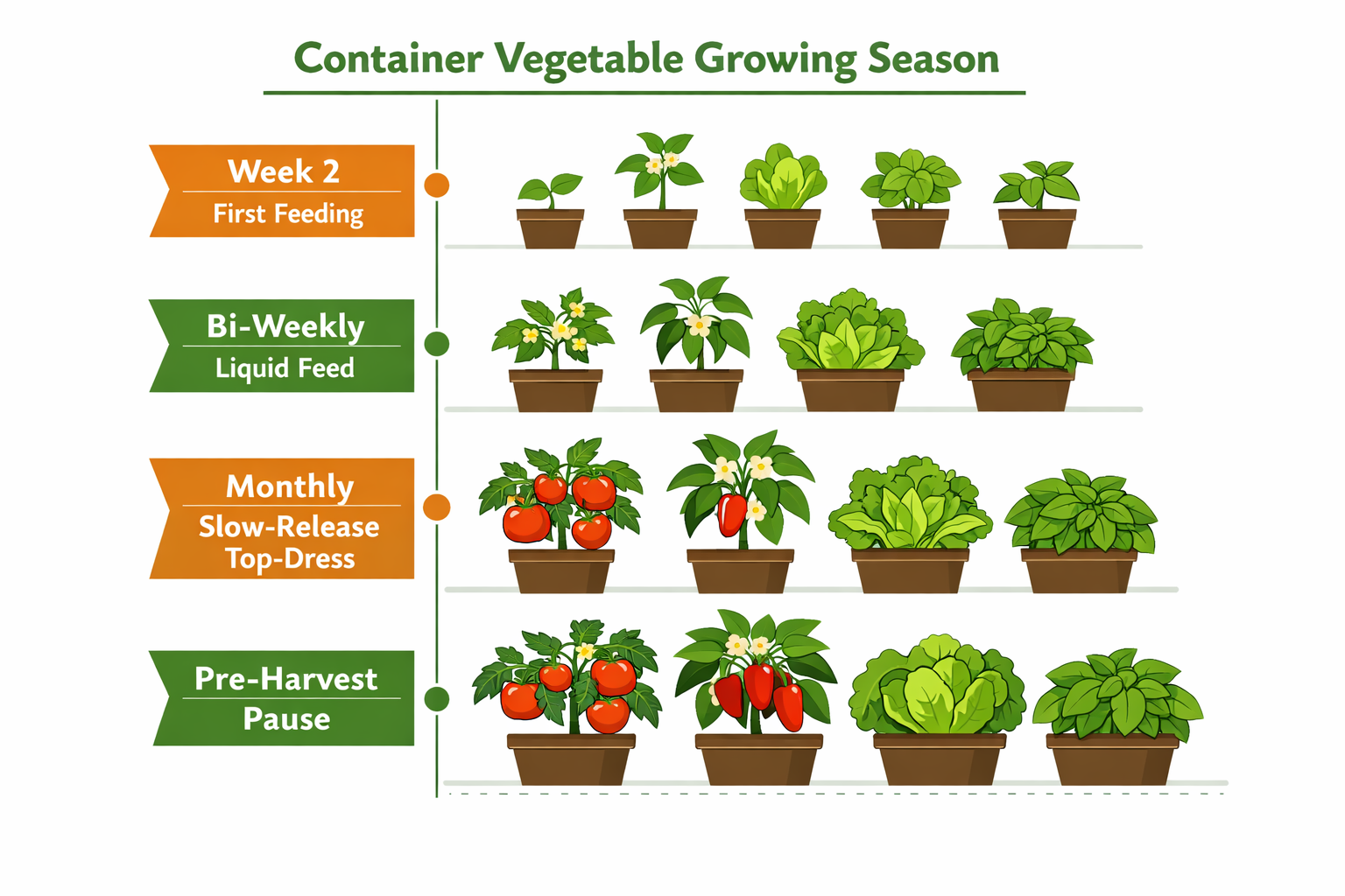 Infographic-style illustration showing a vertical timeline of a container vegetable growing season from seedling to harvest,